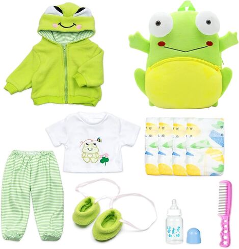 11 قطعة من ملابس دمى الأطفال حديثي الولادة مع مجموعة حفاضات حقيبة الظهر لدمى حديثي الولادة من 18 إلى 22 عامًا بتصميم الضفدع الأخضر اللطيف، ملابس الدمى والإكسسوارات in Kuwait