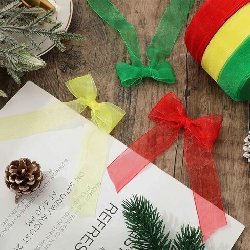 4 لفات 200 ياردة من شريط الشيفون الشفاف لعيد الميلاد، شريط أورجانزا للتغليف، شريط من القماش باللون الأحمر والأخضر والأصفر والأبيض لعيد الميلاد DIY مصنوعات يدوية مصنوعة من إكليل القوس in Kuwait