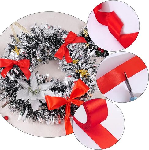 2 لفات 1-1/2 بوصة (40 مم) × 25 ياردة شريط عريض مزدوج الوجه من البوليستر شريط من الساتان أحمر أخضر شريط من القماش شريط من الساتان الصلب لتغليف الهدايا وحرف عيد الميلاد وصنع زينة الحفلات in Kuwait