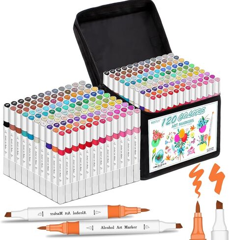 RESTLY Premium Quality 120 Alcohol Markers Brush Tip for Drawing & Sketching - Stunning Dual Tip Coloring Markers for Kids & Adults - Alcohol Based Drawing Markers Coloring Set for Painting in Saudi Arabia