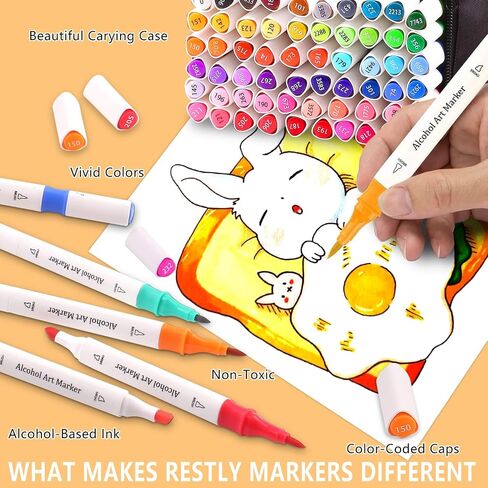 RESTLY Premium Quality 120 Alcohol Markers Brush Tip for Drawing & Sketching - Stunning Dual Tip Coloring Markers for Kids & Adults - Alcohol Based Drawing Markers Coloring Set for Painting in Saudi Arabia