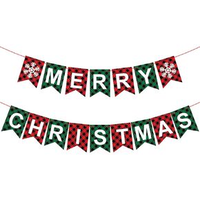Merry Christmas Banner, Red Green Buffalo Plaid Check Holiday Garland, Rustic Snowflake and Letter Bunting, Fun Wall Mantel Hanging Christmas Decorations for Home, Office, and Xmas Party Supplies