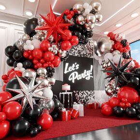 Red White and Black Balloon Garland Arch Kit, Red and Black Party Decorations with white Silver Balloons Confetti Latex Balloons for Graduation Decorations Prom Anniversary Birthday Party Decorations