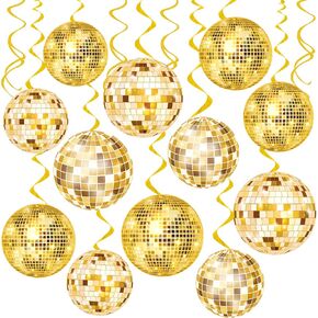 20Pcs Gold Disco Ball Hanging Swirls 70s Disco Birthday Party Decoration Gold Disco Ball Themed Swirl Ceiling Hanging Streamers for 70s 80s Party Decoration Disco Fever Party Supplies(Paper)