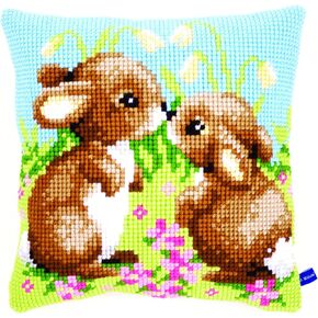 Vervaco Cross Stitch Embroidery Kits Pillow Front for Self-Embroidery with Embroidery Pattern on 100% Cotton and Embroidery Thread, 15,75 x 15,75 Inches - 40 x 40 cm, Little Rabbits