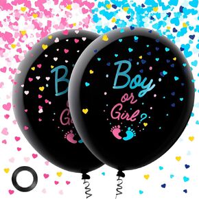 2 Pcs Giant Gender Reveal Balloon, 36 Inch Big Black Gender Reveal Confetti Balloons,Baby Balloon with Pink and Blue Heart Shape Confetti for Boy or Girl Baby Shower Gender Reveal Party Supplies