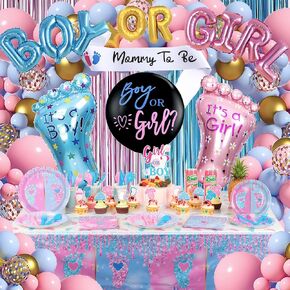 Boy or Girl Gender Reveal Party Decorations, Baby Gender Reveal Decorations Including Tableware, Balloons, Plates, Cake Toppers
