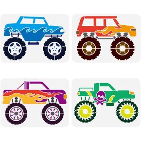 FINGERINSPIRE 4PCS Monster Truck Stencil for Painting 8.3x11.7 inch Reusable Lifted Big Tires Painting Stencil Plastic PET Large Wheel Drawing Template Skull Pattern Stencil Vehicle Theme Template