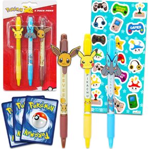 Nintendo Pokemon Pens for Kids - 3 Pc Ballpoint Pen Bundle Featuring Pikachu, Lucario, and Eevee Plus Pokemon Cards | Pokemon School Supplies Set for Kids
