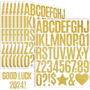 8 Sheets Gold Glitter Letter Stickers 2 Inch, Gold Glitter Letter and Number Stickers, Golden Capital Alphabet ABC Decals Labels Waterproof Crafts Mailbox Poster Bulletin Board Signs Classroom Office