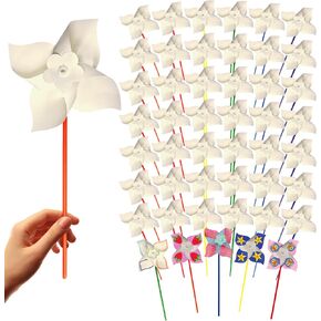 4E's Novelty DIY Pinwheels Craft for Kids (48 Pack) Color Your Own White Pinwheels, Blank Pinwheels to Paint, Bulk Summer Arts & Craft Kit for Boys & Girls, Party Activity