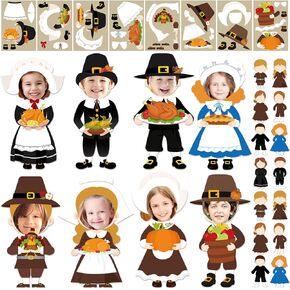 Qunclay 48 Sets Thanksgiving Pilgrim Boy and Girl Picture Frame Crafts Thanksgiving DIY Picture Frame Craft Kits Make Your Own Photo Frame Kit Ornaments for Party Supplies Gift Home Activities Decor