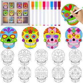 qyeahkj 30 مجموعة يوم الموتى الفنون اليدوية للأطفال جمجمة Suncatchers Craft Kit Dia De Los Muertos DIY تلوين نافذة الحرف اليدوية ملصق مع علامات هدية حفلة لديكور المنزل والفصول الدراسية للأطفال