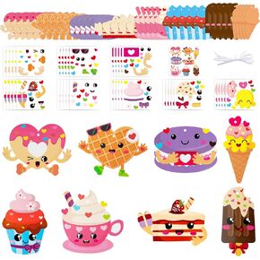 3sscha 123Pcs Valentine's Day Dessert Craft Kit for Kids DIY Make Your Own Ice Cream Cupcake Set Self-Adhesive Sticker Handmade Artwork Valentine Decor Classroom Home Activity Party Favor Supplies