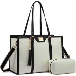 T's Luxury Laptop Tote Bag For Women 15.6 Inch Canvas Bag With Vegan Leather Trim Briefcase Computer Bag With Clutch Purse For Office Business,Travel, Beige and Black.