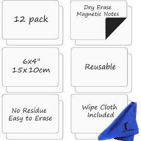 Dry Erase Magnets Set - 12 Pack - 6x4 in Whiteboard Magnetic Notes Planning Pads Labels - Large White Board Magnet Strips Name Tags for Home, Office and Classroom (12, 6x4 in)