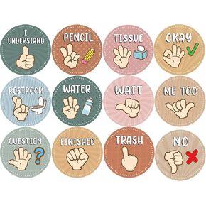 12Pcs Boho Hand Signal Posters, Sign Language Posters for Visual Cues, Boho Pastel Classroom Decor for Bulletin Board, Nonverbally Communicate Supply Decoration, Back to School Decorations