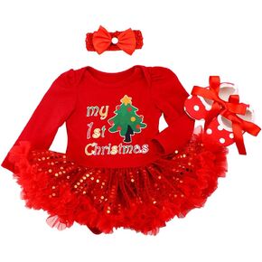 ODIZLI Infant Baby Girls Christmas Outfits Romper Dress + Bowknot Headband + Shoes 3PCS Outfits
