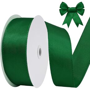Christmas Green Wired Satin Ribbon 1-1/2 Inch × 25 Yards Wired Ribbon for Gift Wrapping Crafts Home Decor Christmas Tree Bow Wedding Party