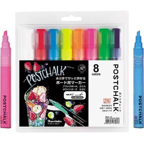 Kuretake Zig POSTCHALK 8 Colors Neon, Chalkboard Marker Pen, with 6mm Nib thick wide Tip, erasable, for Blackboard, Glass, Mirror, Poster Paint, Made in Japan
