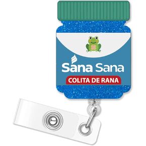 ERHACHAIJIA Sana Sana Colita De Rana Retractable Blue Glitter Badge Reel, Funny Frog Pill Bottle ID Card Badge Holder Gift for Nurses Doctor Pharmacists Pain Doctor Hispanic Latino Mexican RN LPN