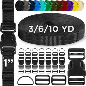 TECEUM Buckles & Strap Kit – 1" Black Nylon Webbing 10 (yd) – 8 Heavy Duty Adjustable Plastic Buckles – 16 Tri-Glide Slide Clips – 3 Metal D-Ring – Ideal Straps for Arts Crafts Outdoors Indoors DIY
