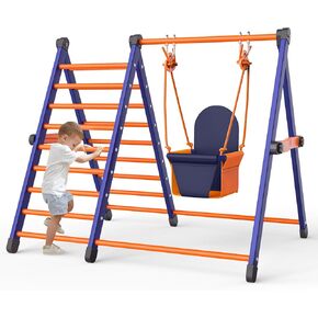 Climbing Toys and Baby Swing Set for Kids Toddlers Aged 1-3, Jungle Gym Pikler Triangle & Metal Swing Set Foldable 2-in-1 Montessori Baby Playground for Indoor Outdoor Backyard