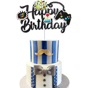 Happy Birthday Video Game Cake Topper Glitter Black Gamer Cake Topper Gaming Cake Topper Video Game Controller Party Supplies for Level Up Birthday Decorations Gamer Themed Party Decorations