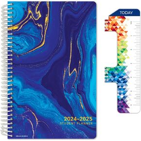 Global Datebooks Dated Middle School or High School Student Planner for Academic Year 2024-2025 includes Ruler/Bookmark and Planning Stickers (Block Style - 5.5"x8.5" - Deep Blue Marble)