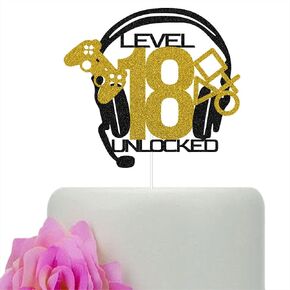 Level 18 Unlocked Cake Topper, Video Game Happy 18th Birthday Cake Decorations, Game Controller Cake Decor, 18 Years Old Party Supplies Gold & Black Glitter