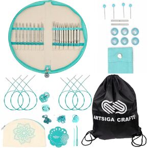 Knitpro Mindful Affection Set 5 inch Circular Knitting Needles 2.5, 3, 4, 5, 6, 7, 8, 9, 10, 10.5, 11, 13, 15, 17 Interchangeable, 6 Cables & More, Fabric Case with Project Bag