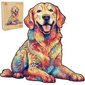 WOODBESTS Wooden Puzzle for Adults, Loyal Golden Retriever Dog Puzzle (M, 200pcs, 12.5"x11.9") Beautiful Wooden Box, Wooden Jigsaw Puzzles Unique Shape, Birthday Gifts for Adults and Kids Family Game