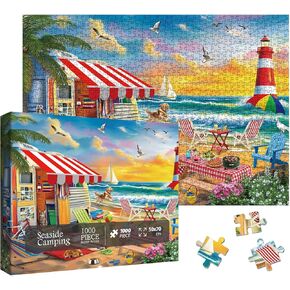 Beach Camping Sunset Scenery Jigsaw Puzzle 1000 Piece for Adult, Art Nature Sailboat Lighthouse Landscape Jigsaw Puzzles, Funny Dog Food Aesthetic Puzzle
