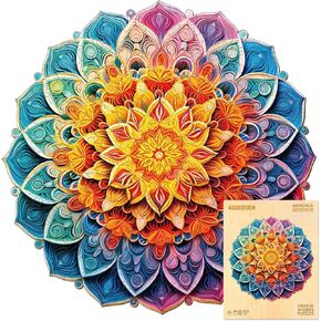 Wooden Puzzle for Adults-Mandala Kaleidoscope, Unique Shaped Jigsaw Mandala Puzzle(S, 100pieces, 8.5 * 8.5in), Creative Colorful Wood Puzzles Adult, Family Puzzle Game Christmas Birthday Gift