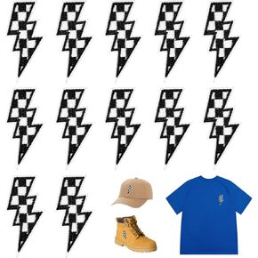TIESOME 12Pcs Checkered Lightning Patch, Hat Patches Lighting Shape Iron on Patch Black and White Embroidered Lightning Bolt Applique for DIY Hats Bags Jackets Clothing Backpacks