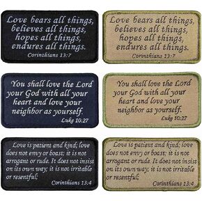 6Pcs Bible Verse Patches, Luke 10:27| Corinthians 13:7| Corinthians 13:4 Bible Saying Embroidery Morale Patches Set for Caps Bags Backpacks Tactical Vest