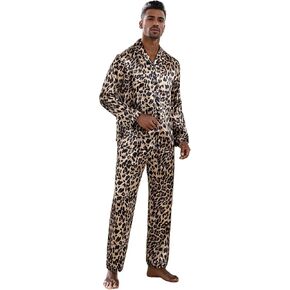 WDIRARA Men's Satin Leopard Lapel Neck Button Down Long Sleeve Top and Pants 2 Piece Pajama Set in Saudi Arabia