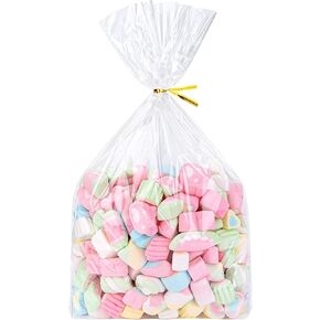 Awpeye 100PCS 9.5" x 2.4" x 13.4" Bottom Gusseted Cellophane Bags Flat Bottom Cello Treat Bags Clear Plastic Gift Bags with 4" Gold Twist Ties for Gift Wrapping And Decorations