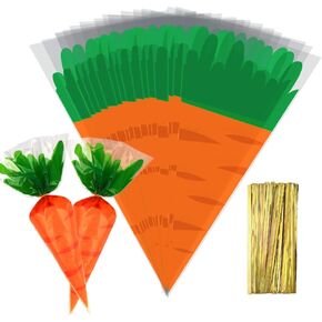 100 Pieces Easter Cellophane Gift Bags Easter Carrot Shape Candy Bags Easter Cellophane Treat Bags Easter Plastic OPP Bags with 100 Twist Ties for Cookies Candy Easter Party Decoration OPPSET01