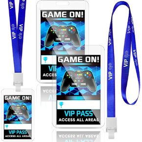 16 Pieces Blue Video Game VIP Pass Holder Tickets Set Video Game Party Favors Game Ticket Holder Gamer Party VIP Pass Lanyards for Game Themed Birthday Party Supplies