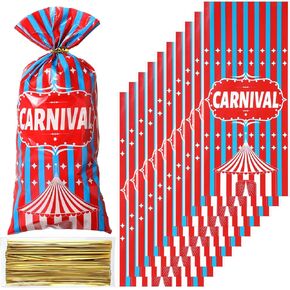 Carnival Candy Bags Circus Plastic Bags Carnival Party Treat Bags Popcorn Pattern Party Bags Goody Bags with 100 Gold Twisted Ties for Party Favor Supply Cookie Cupcake Wrapping(Simple,100 Packs)