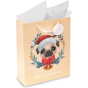 Dog Gift Bags (Medium, 13"x10"x4", Blue, Pink) - 2 Pack Christmas Sturdy Paper Gift Bags with Tissue Paper, Tag, and Handle - Holiday Puppy Dogs Design - Ideal for Party Favors and Gifting this Christmas Holiday Season