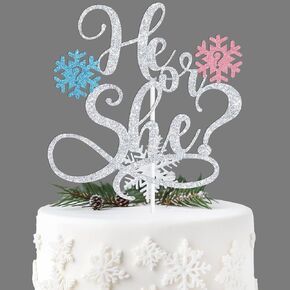 Sliver Glitter He or She Cake Topper, Winter Pink or Blue/Snowflake Boy or Girl, Winter Snowflake Baby Shower Gender Reveal Party Decorations Supplies