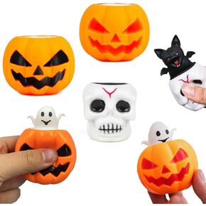 Halloween Squeeze Toys, 3 Packs Orange Pumpkin Skeleton Squishy Toys for Kids Stress Relief Sensory Toys Ghost in Cup Fidget Toys Ball for Halloween Trick or Treat Party Favor Supplies Office Gifts