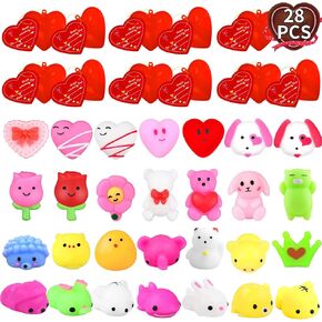 28PCS Valentines Mochi Squishies Toys Set, Squishies Toys Filled Hearts Boxes with Cards Valentines Stress Relief Toys for Boys Girls Exchange Gifts Classroom Prizes Valentine Party