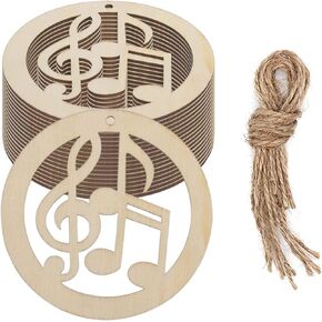 JANOU 20pcs Music Notes Shaped Wood DIY Craft Cutouts Musical Notes Unfinished Wood Tags Ornaments with Ropes for Wedding Christmas Party Decoration, 3.94 in
