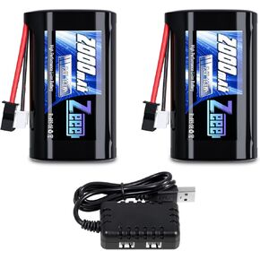 Zeee 2S Li-ion Battery 2000mAh 7.4V Battery SM 2P Connector with 7.4V Battery Charger Compatible with MN D90/91, MN 99/99s RC Cars, H101 H103 H105 RC Boat RC Truck(2 Pack)