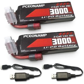 2S Lipo Battery 3000mAh 25C with Deans T Plug Rechargeable High Capacity RC 7.4V Battery Fit for RC Cars 1/10, 1/12, Scale RC Cars Trucks with 2 USB Chargers（2packs）