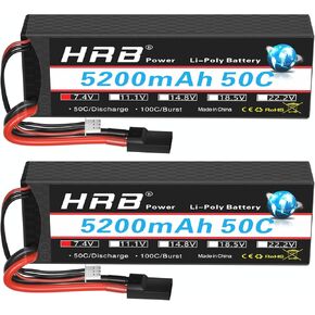 HRB 7.4V 2S 5200mAh 50C TR Hardcase Lipo Battery Compatible with RC Car RC Plane RC Truck RC Boat (2 Packs)