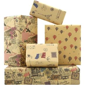 Retro Romance French Paris Eiffel Tower Balloons Bicycle Pink Hearts Newspaper Decorative Kraft Gift Wrap Wrapping Paper Folded Flat 4 Sheets 4 Designs: 16 sq. ft. ttl-for Friends Lover Christmas